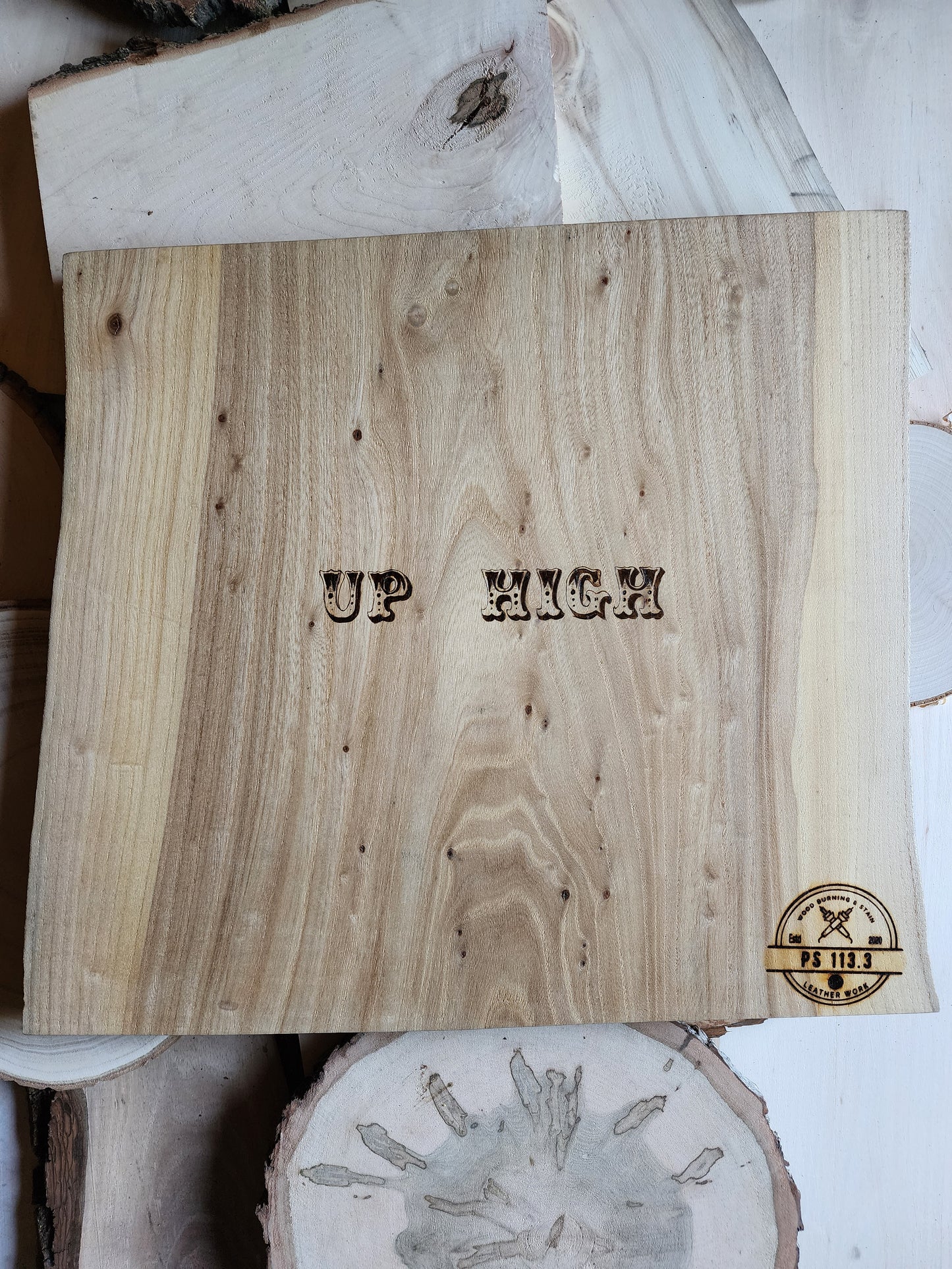 name piece of custom wood burned art