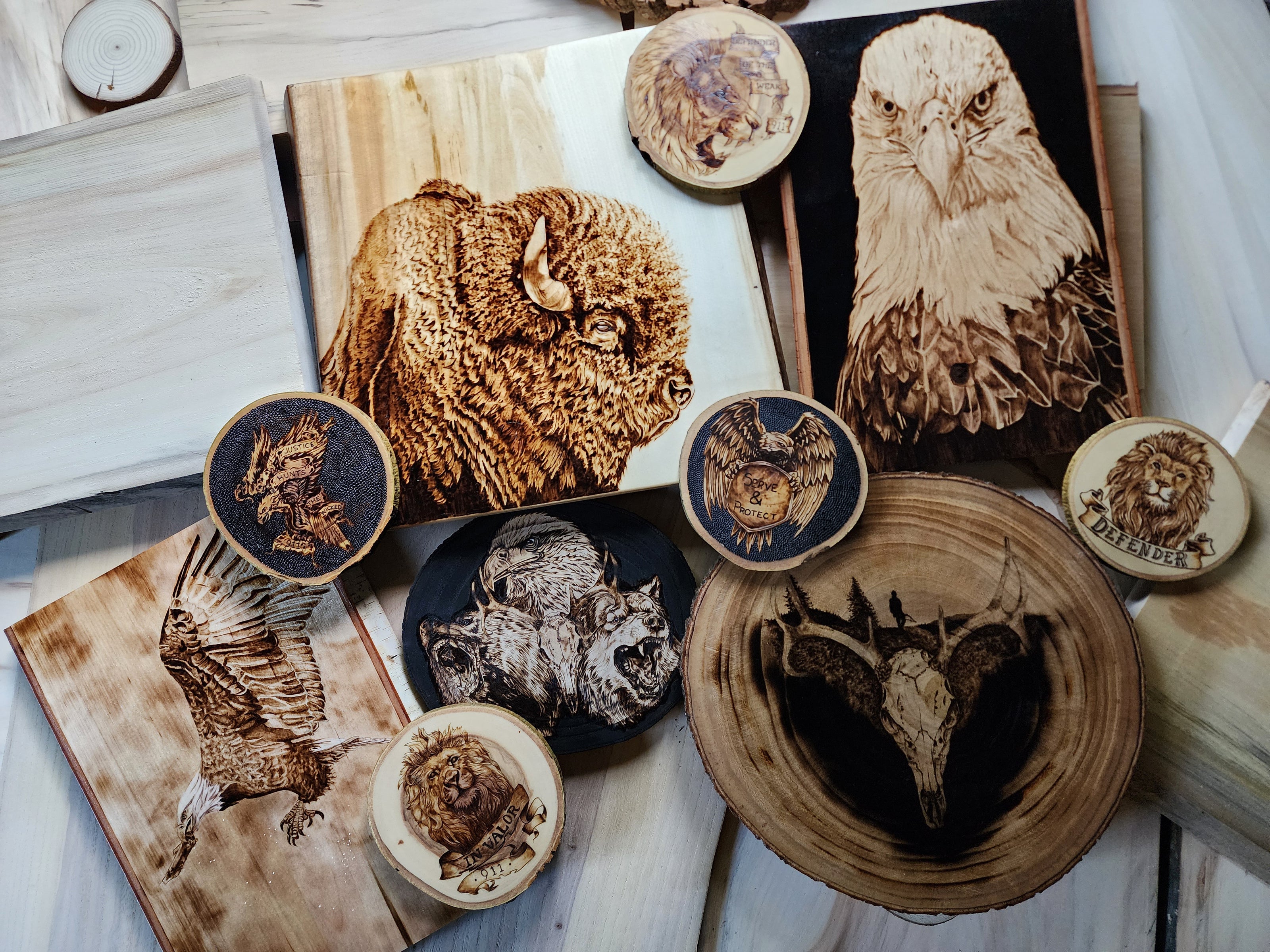 a flat lay of burnt blessings wood burned art
