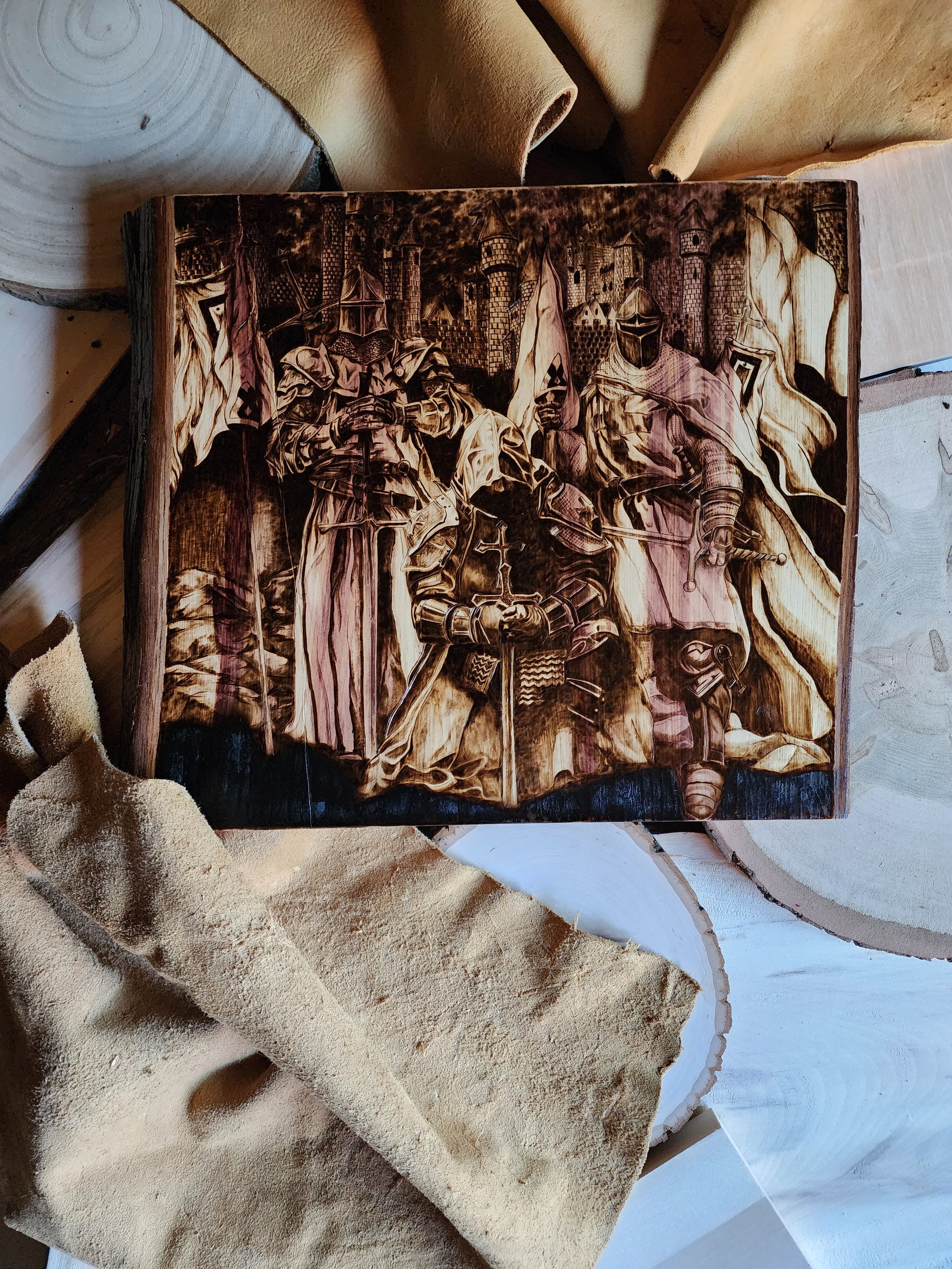 custom wood burned art piece of knights