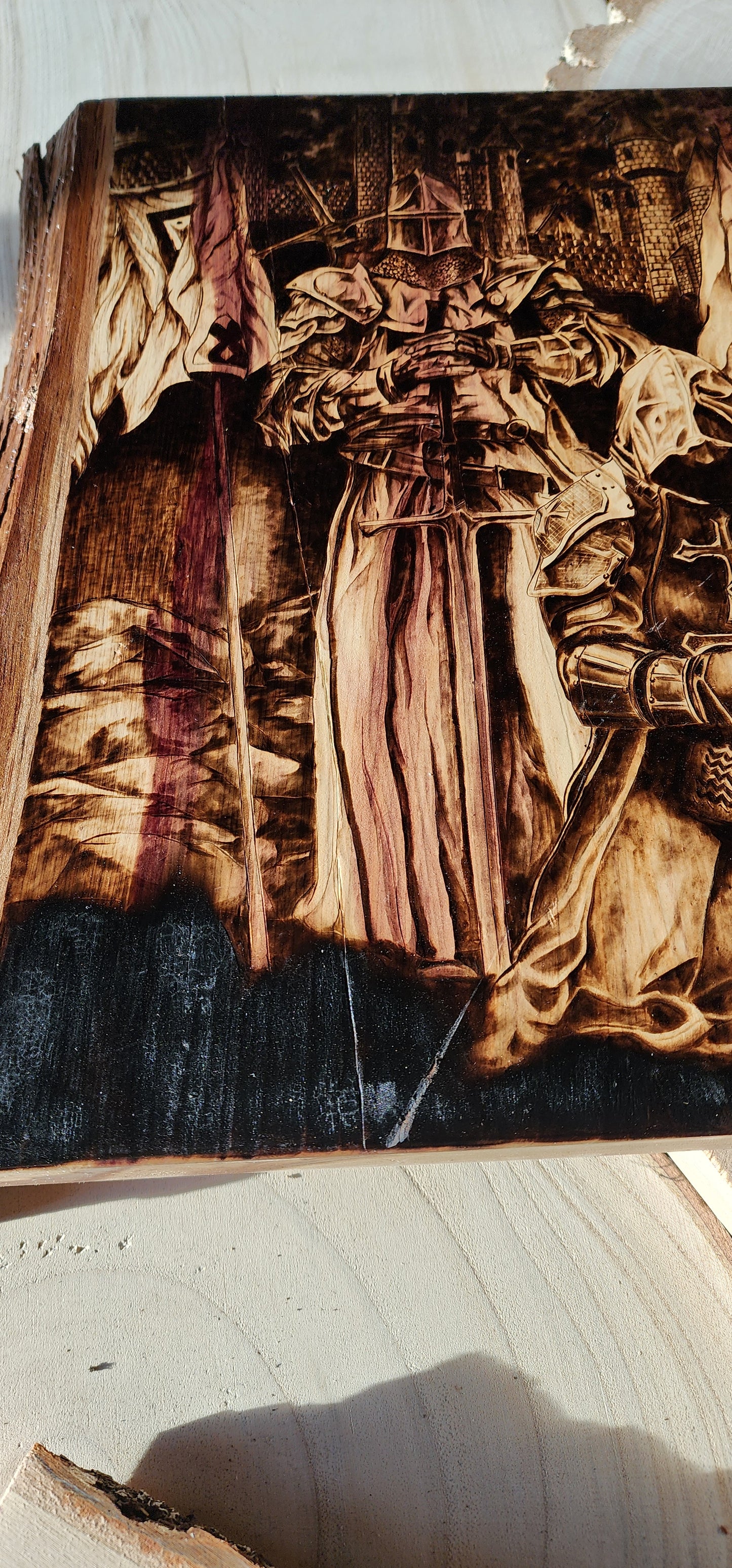 custom wood burned art piece of knights
