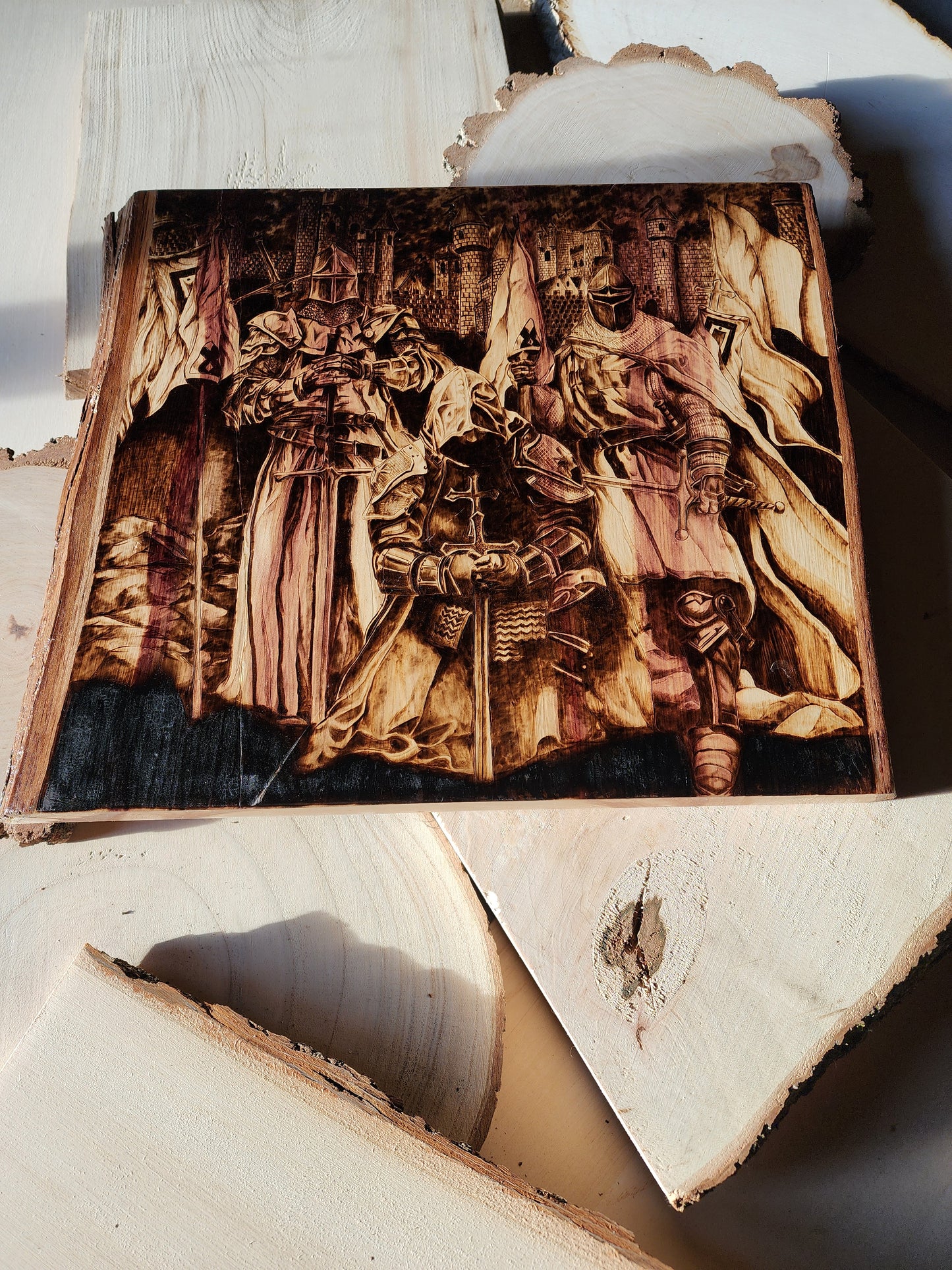 custom wood burned art piece of knights