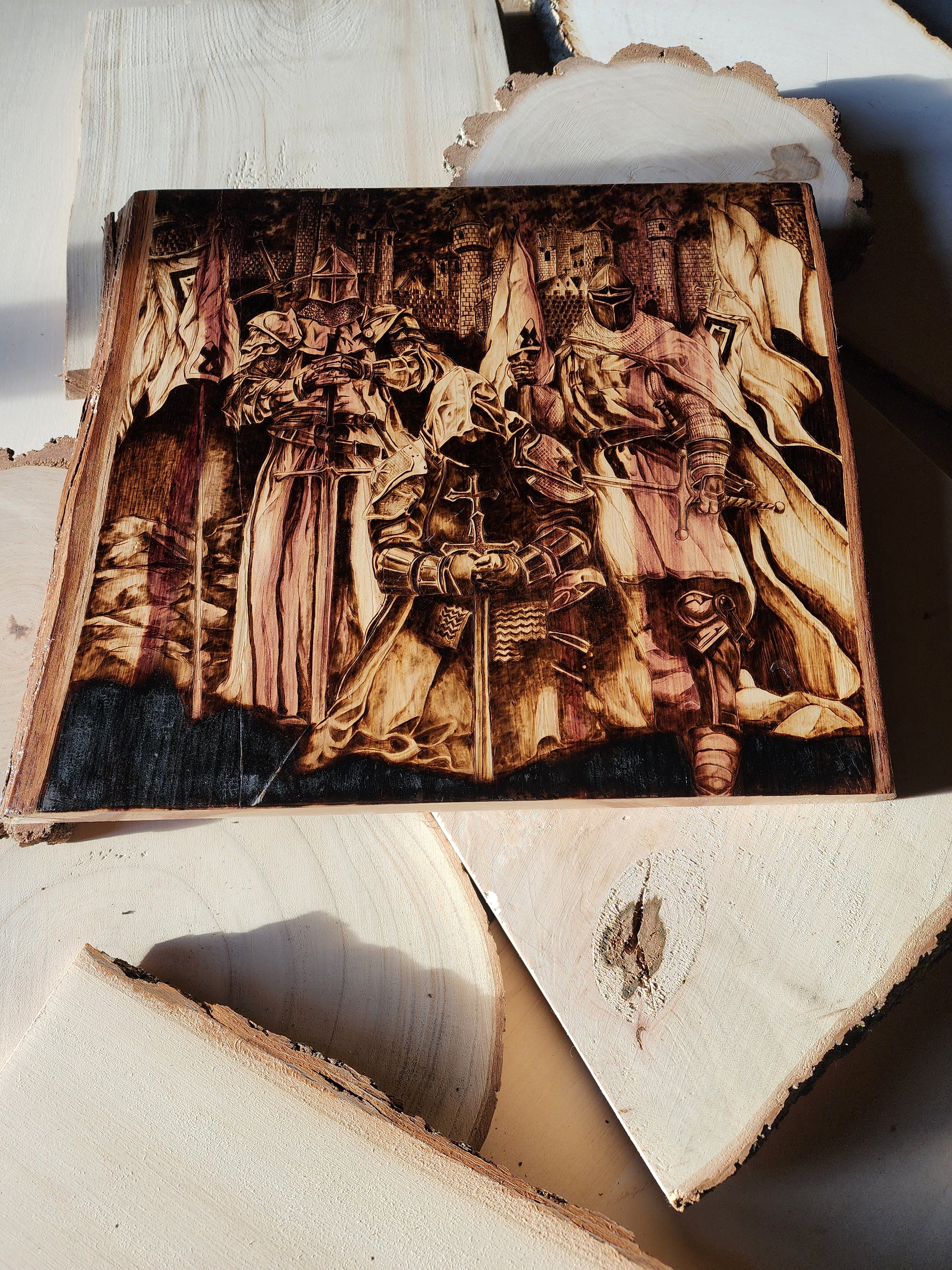custom wood burned art piece of knights