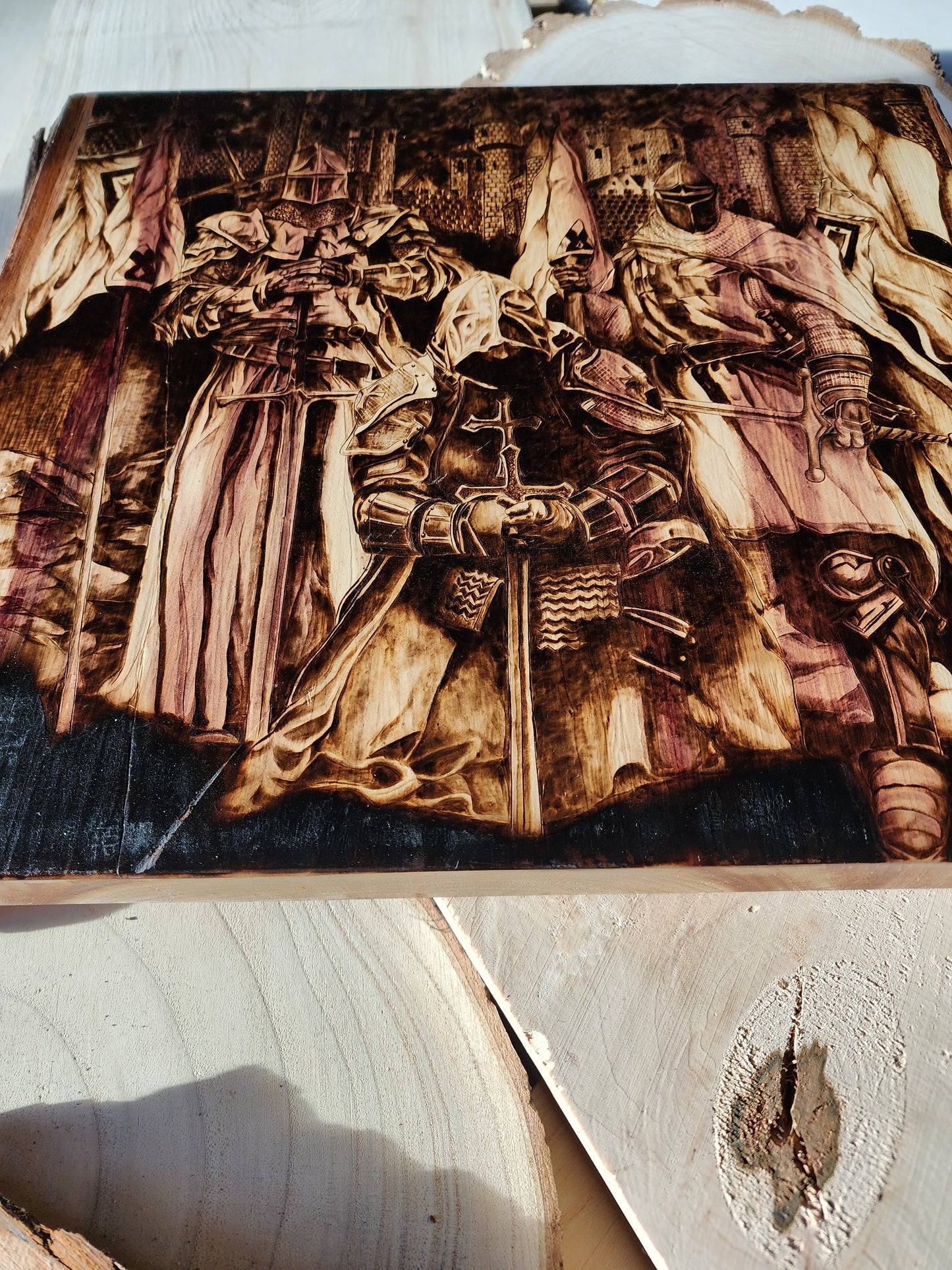 custom wood burned art piece of knights