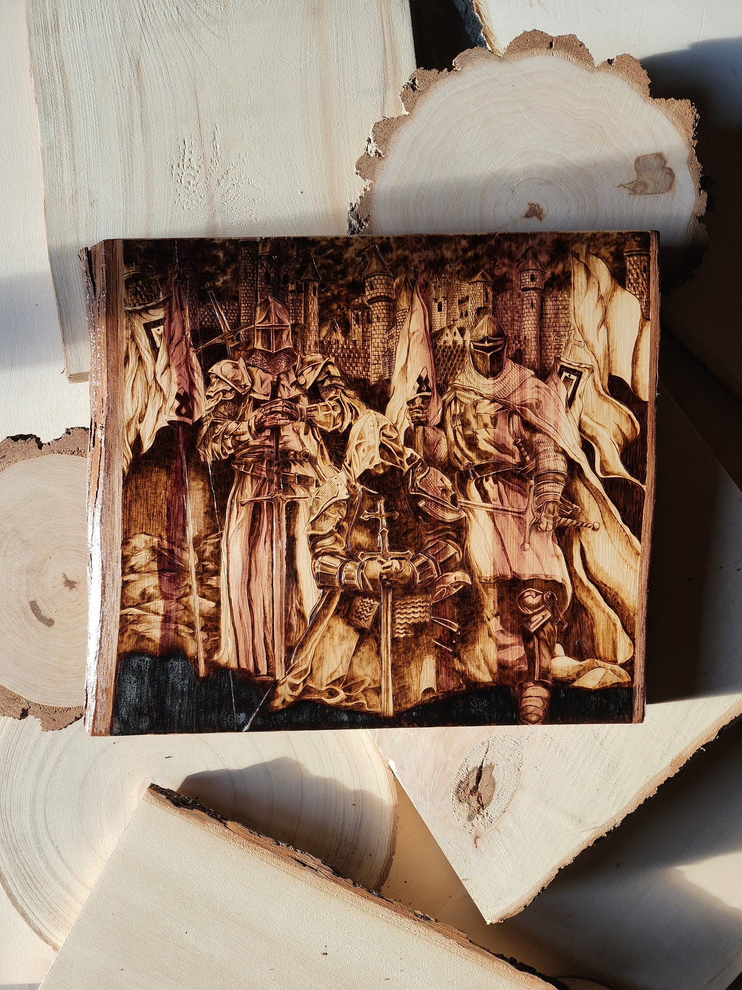 custom wood burned art piece of knights