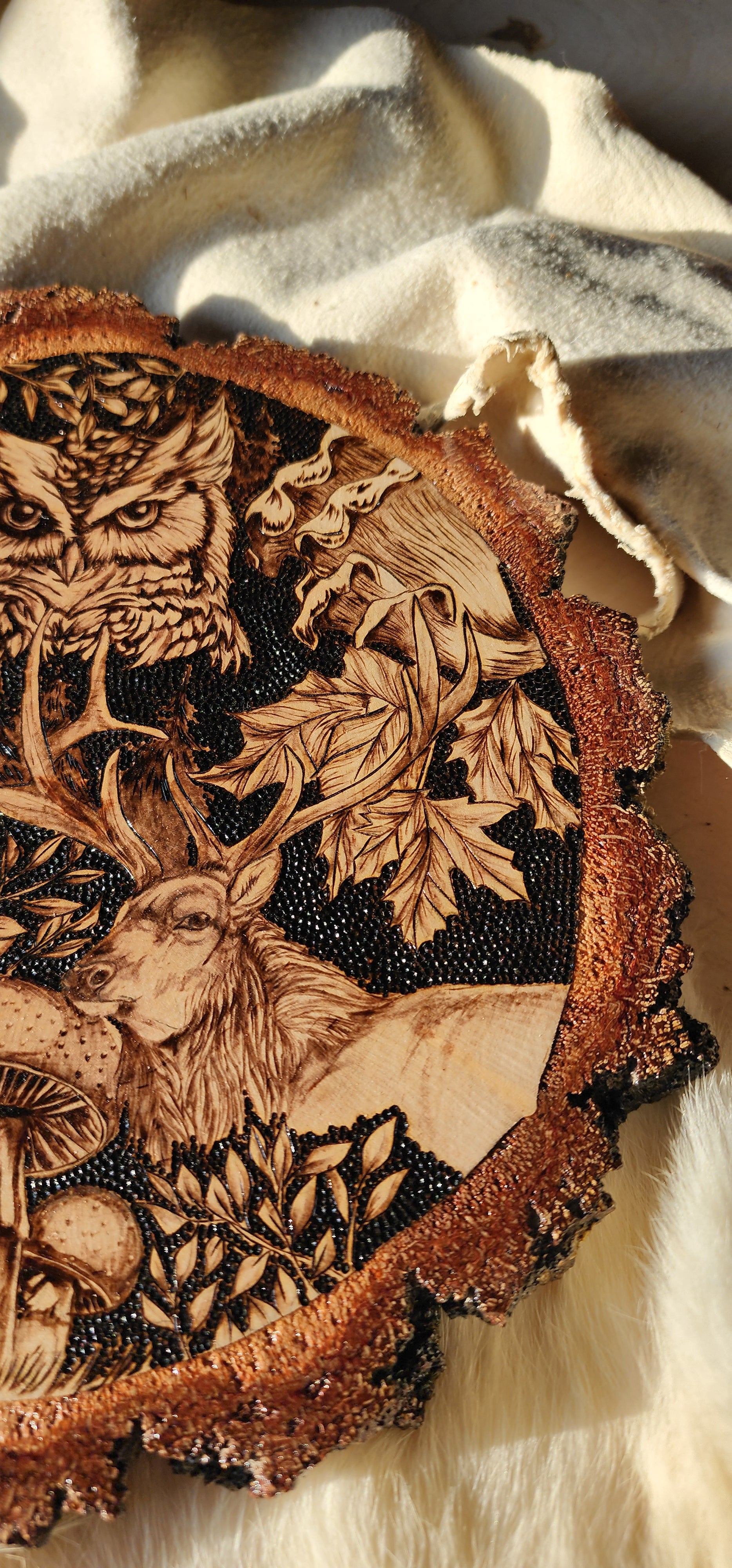 wildlife depicted in pyrographic art, an owl and elk with burn art mushrooms and leaves