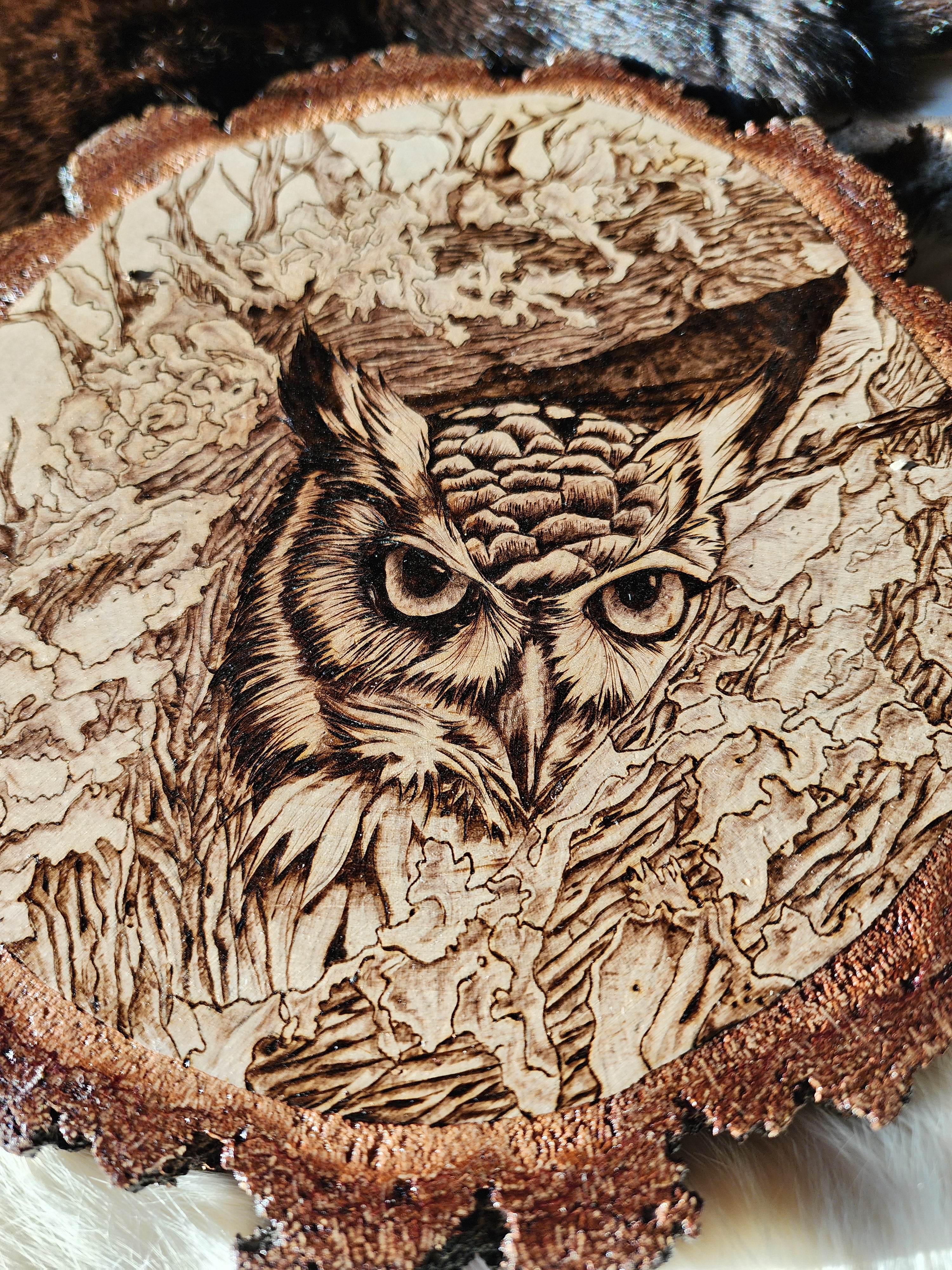 owl burned into wood, pyrographic art by burnt blessings studio