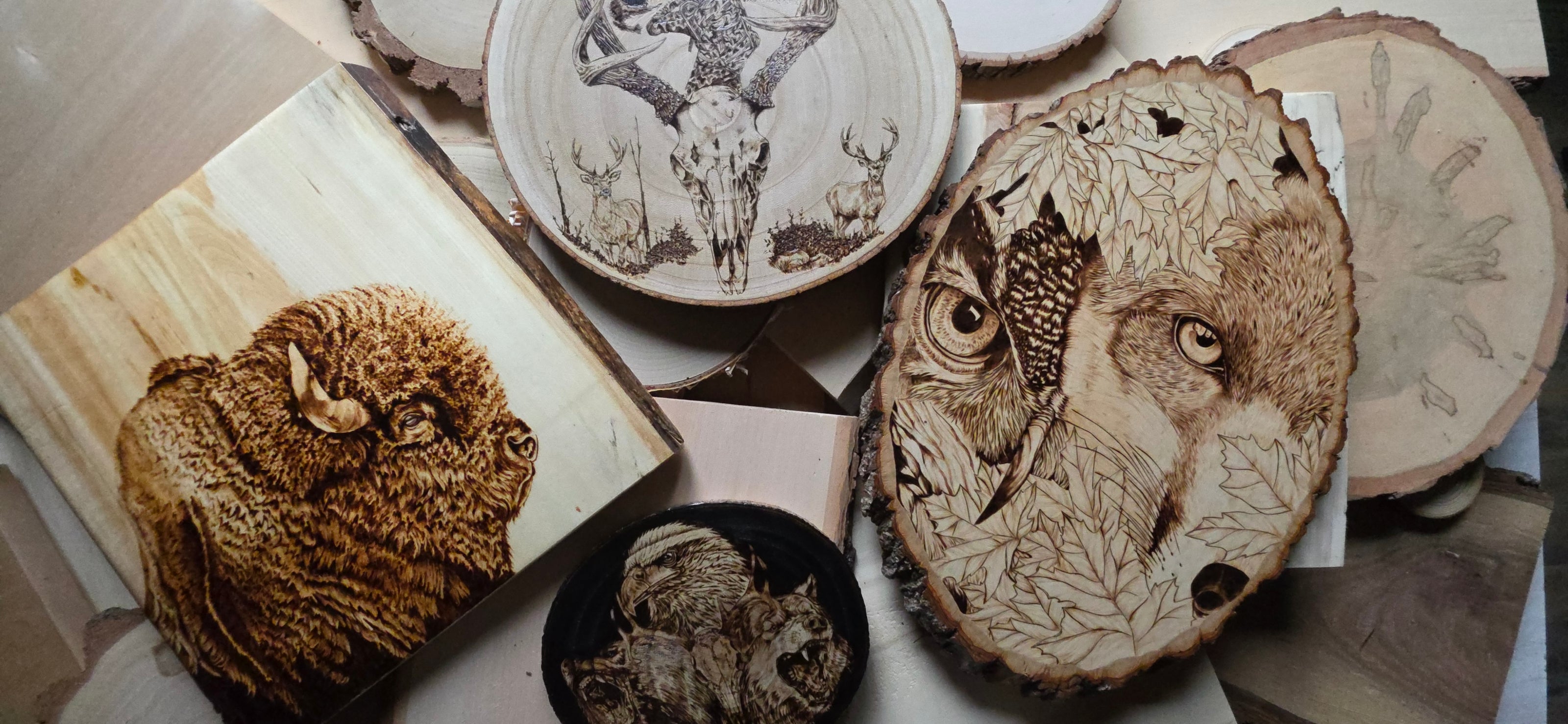 flat lay of wood burned art from burnt blessings studio